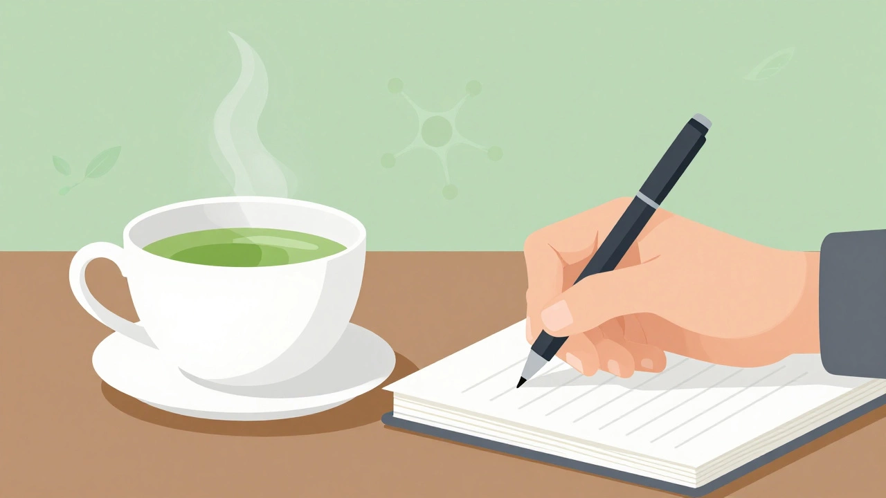 Steaming cup of green tea next to notebook symbolizing focus