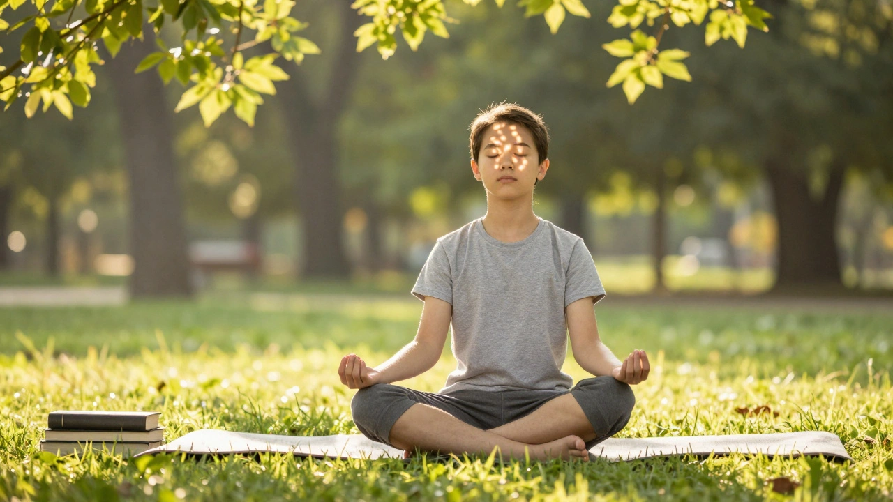 Student meditating in a park to reduce exam stress