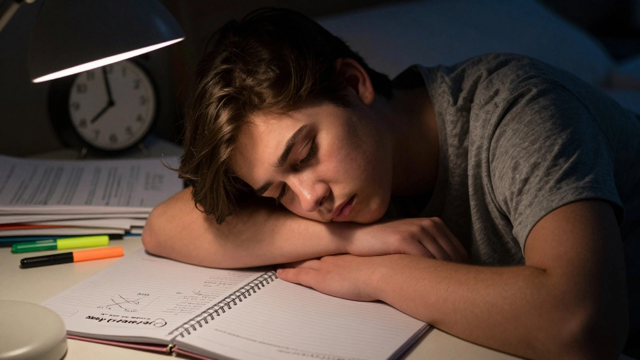 Student reviewing mistake log late at night with warm lamp light