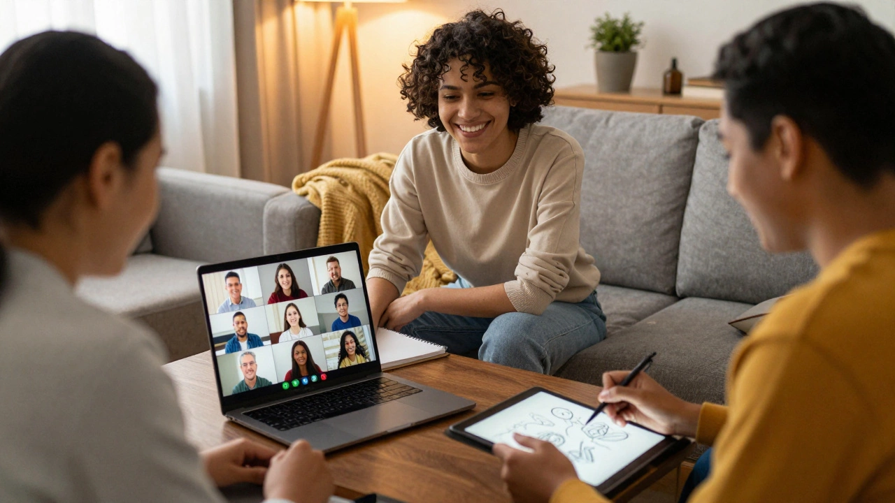 Students engaging in a video call and collaborating in a warm, cozy living space.