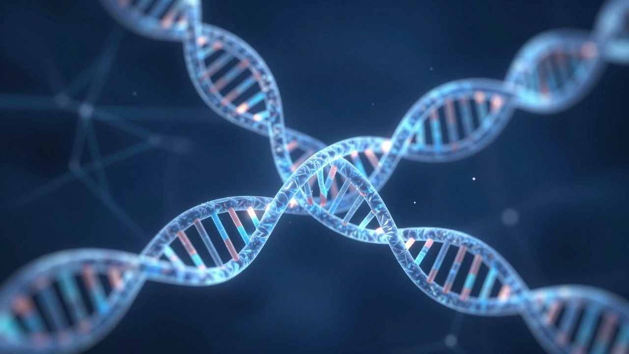 Abstract DNA strand intertwined with neural networks, symbolizing genetic complexity.