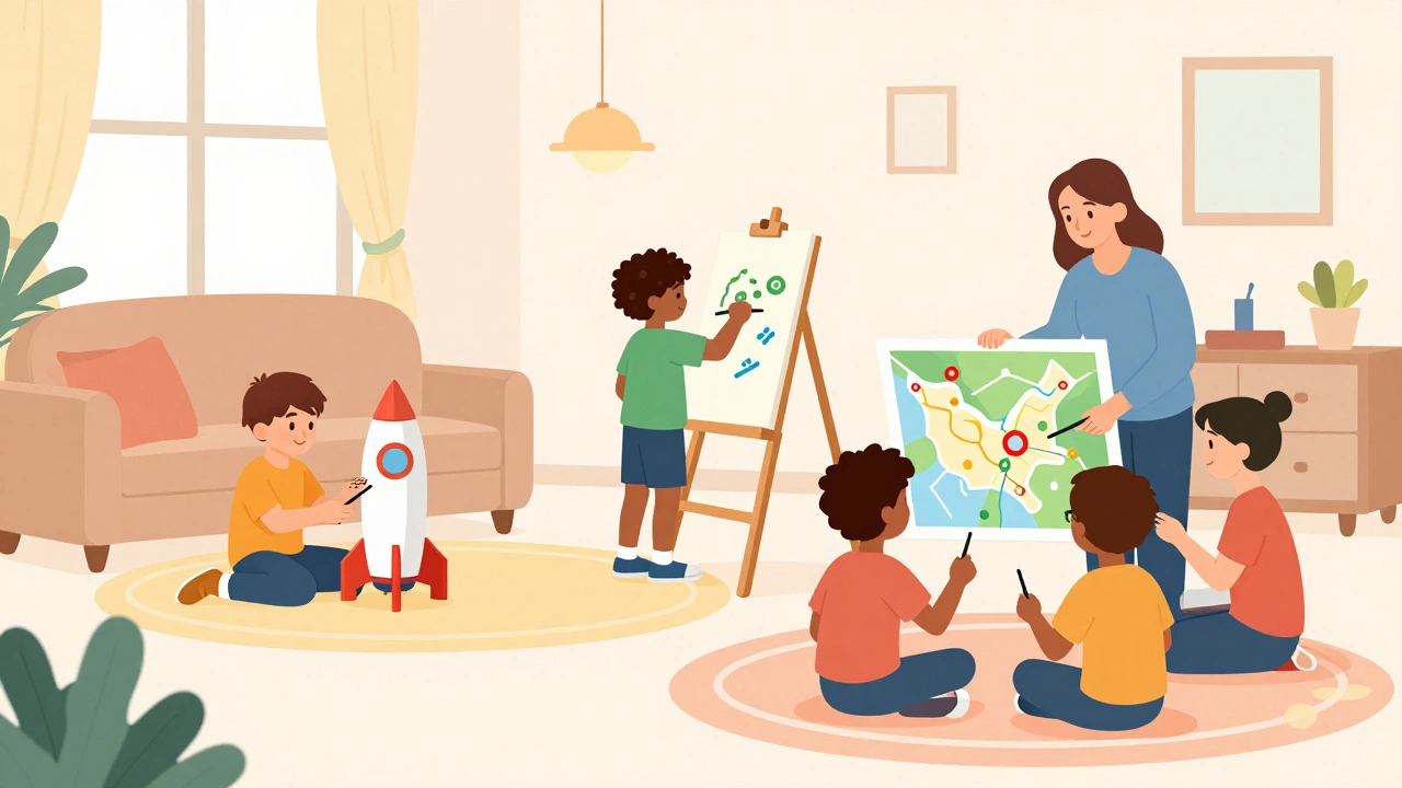 Children engaging in creative, self-paced learning at home with parents