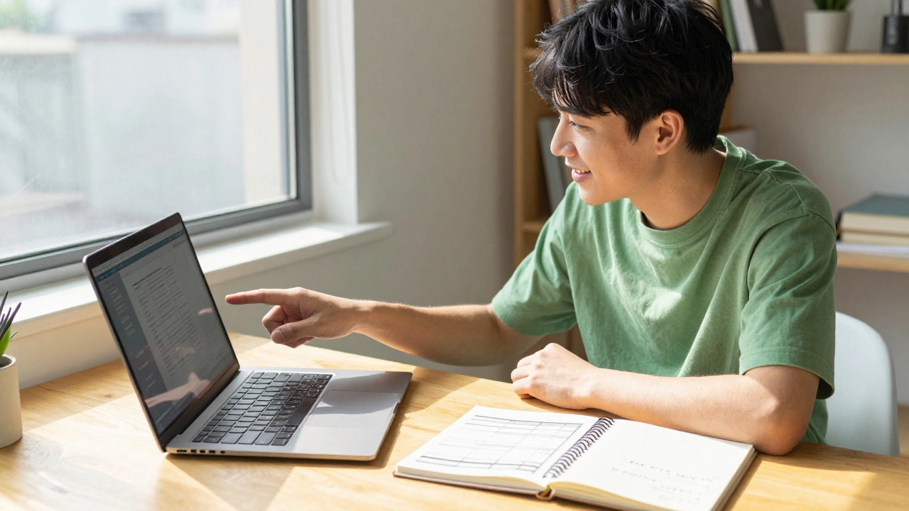 Focused student in an organized home office using a planner to manage online studies