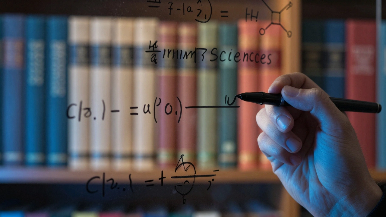 Hand writing equations on glass with literature books in background