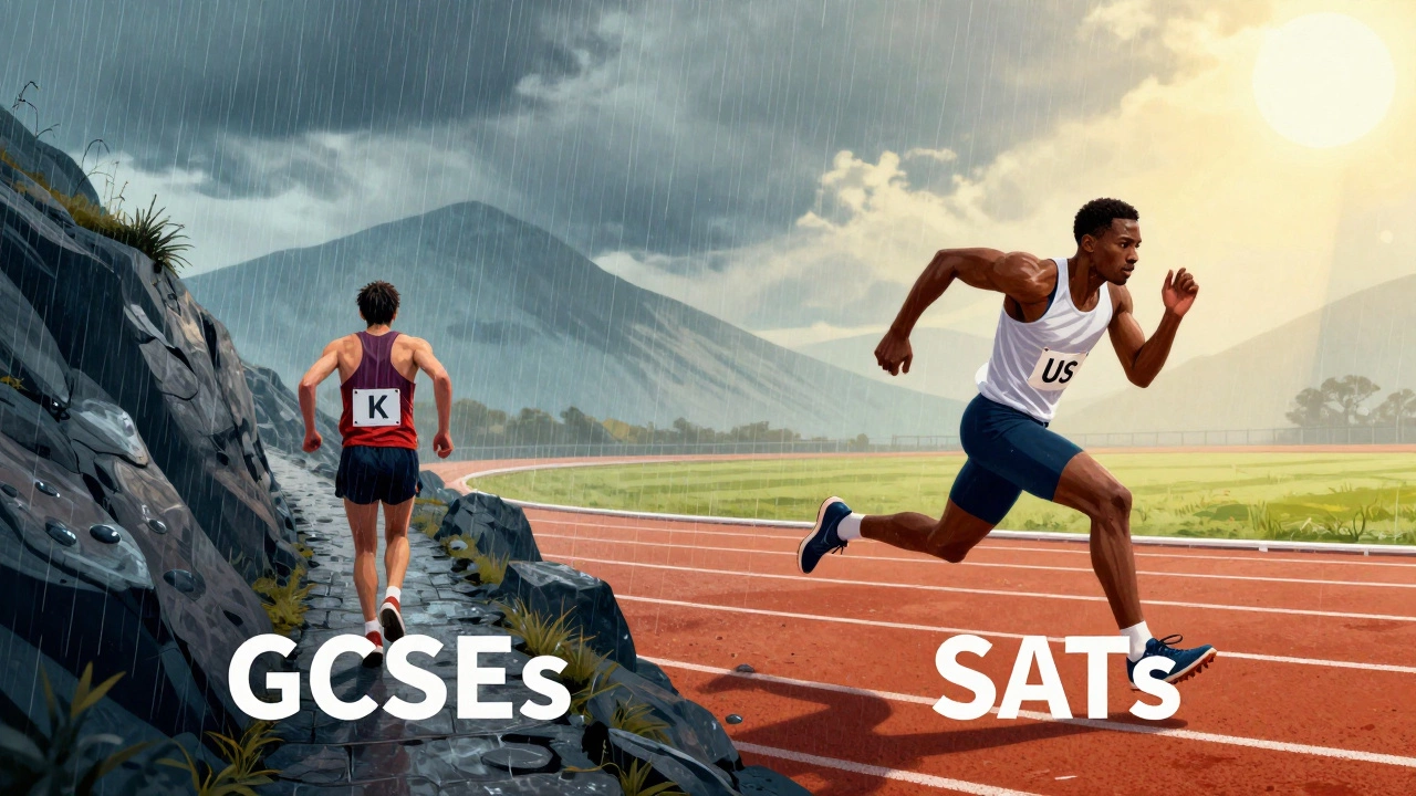 Illustration comparing UK exam endurance as a marathon to US test sprint