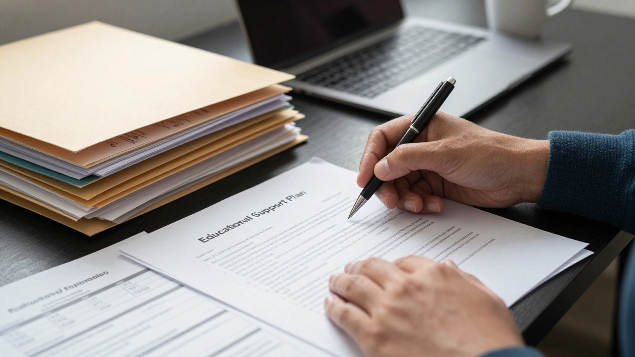Parent reviewing educational documents and evaluations at a home desk.