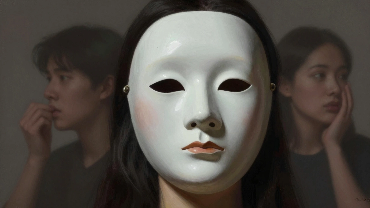 Portrait of a person wearing a porcelain mask showing exhaustion