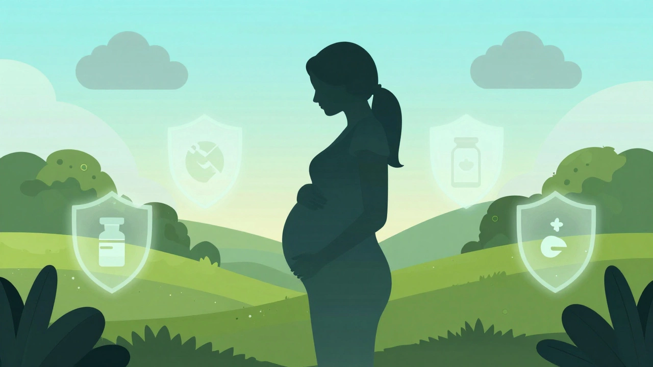 Pregnant woman protected by glowing shields amidst nature, representing prenatal health.