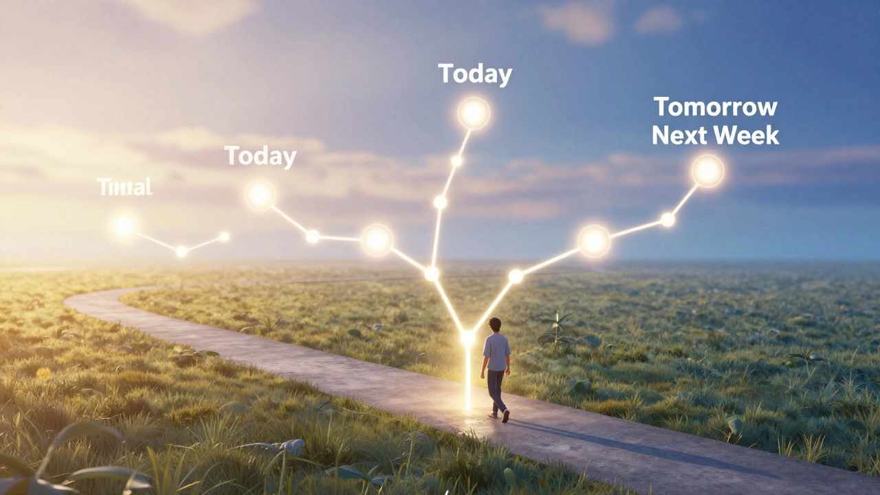 Student walking a timeline path with glowing lights, symbolizing spaced repetition