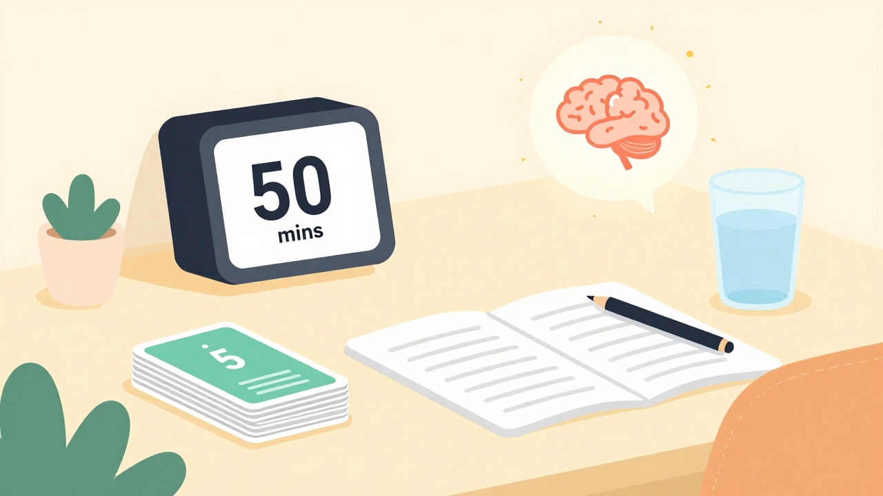 Tidy workspace with timer and flashcards, representing focused Pomodoro study