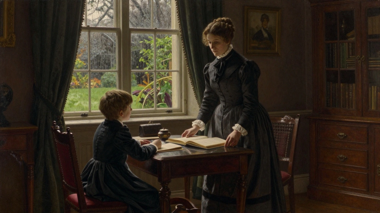 Victorian governess teaching a child in a historical setting.