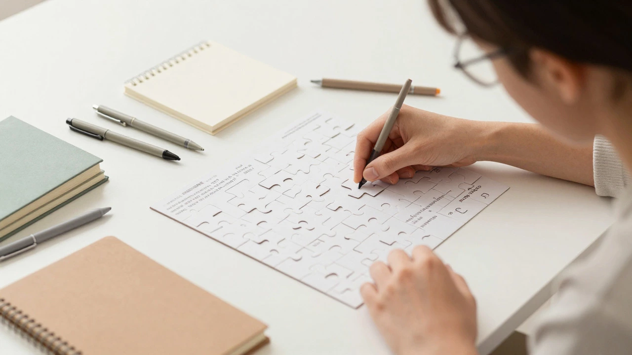 A meticulously organized minimalist desk with a person focused on detailed work in soft light.