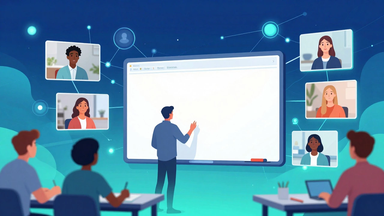 Abstract digital art of students collaborating in a virtual classroom space