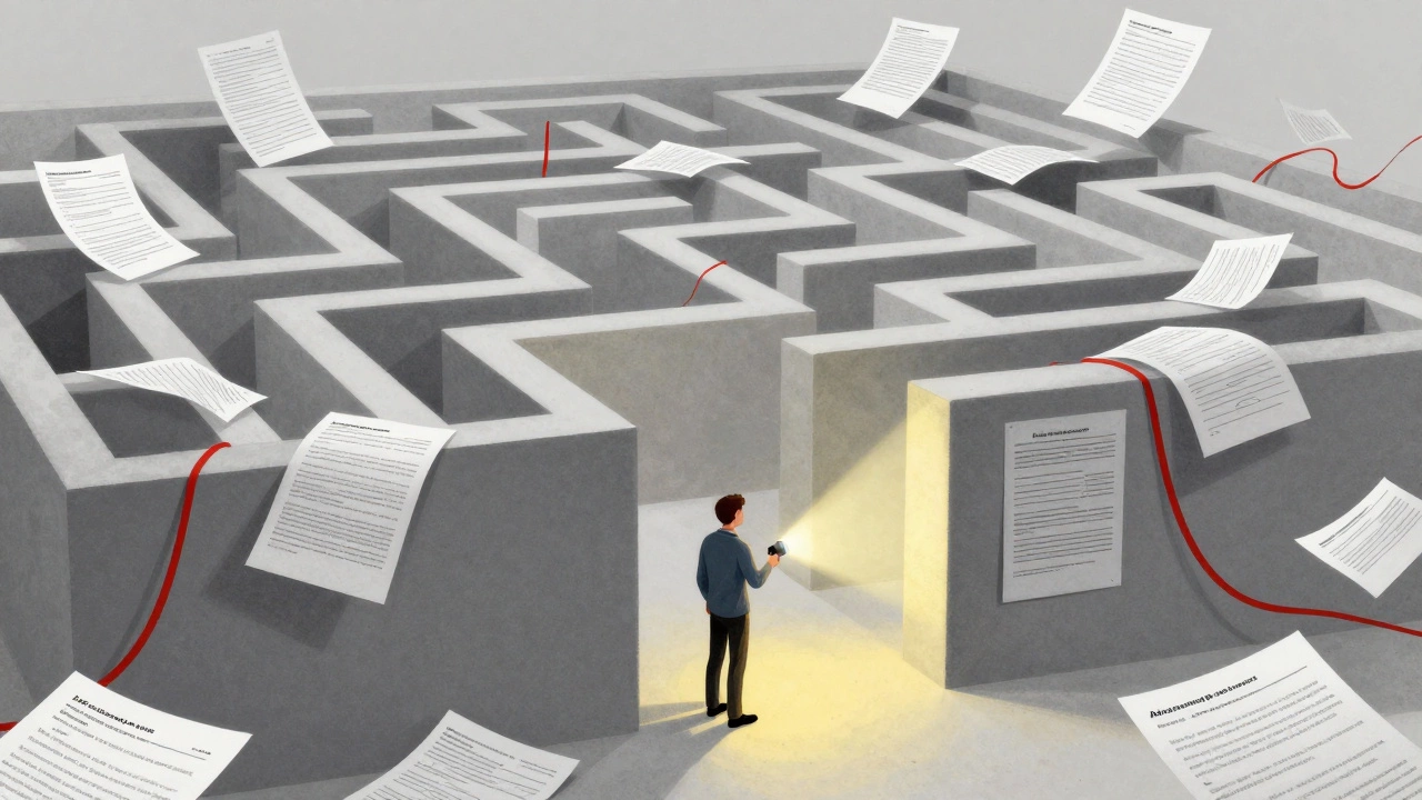 Illustration of a parent navigating a maze of bureaucratic paperwork