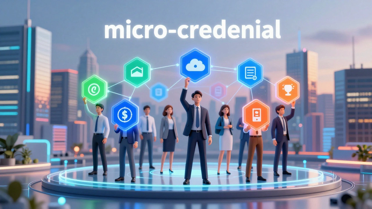 Professionals holding glowing micro-credential badges in a network