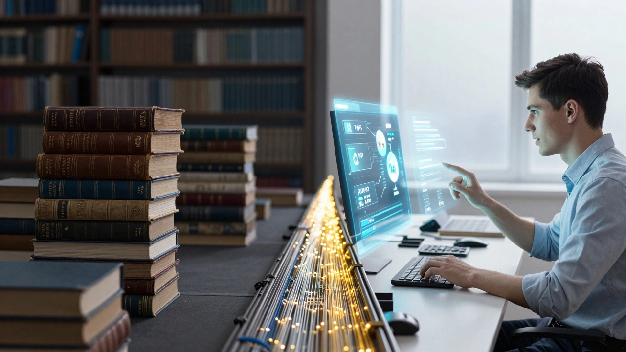 Split view of old library vs modern holographic skill training