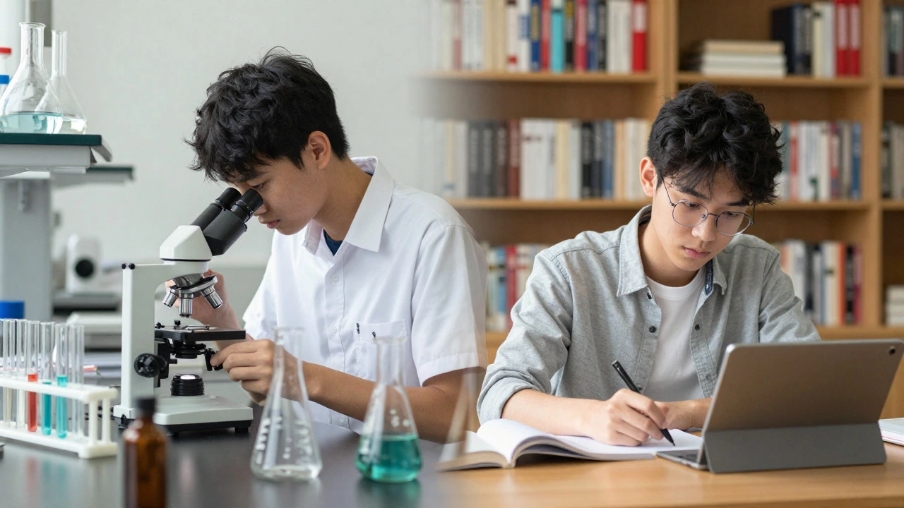 Split view showing a student in a lab and studying at home