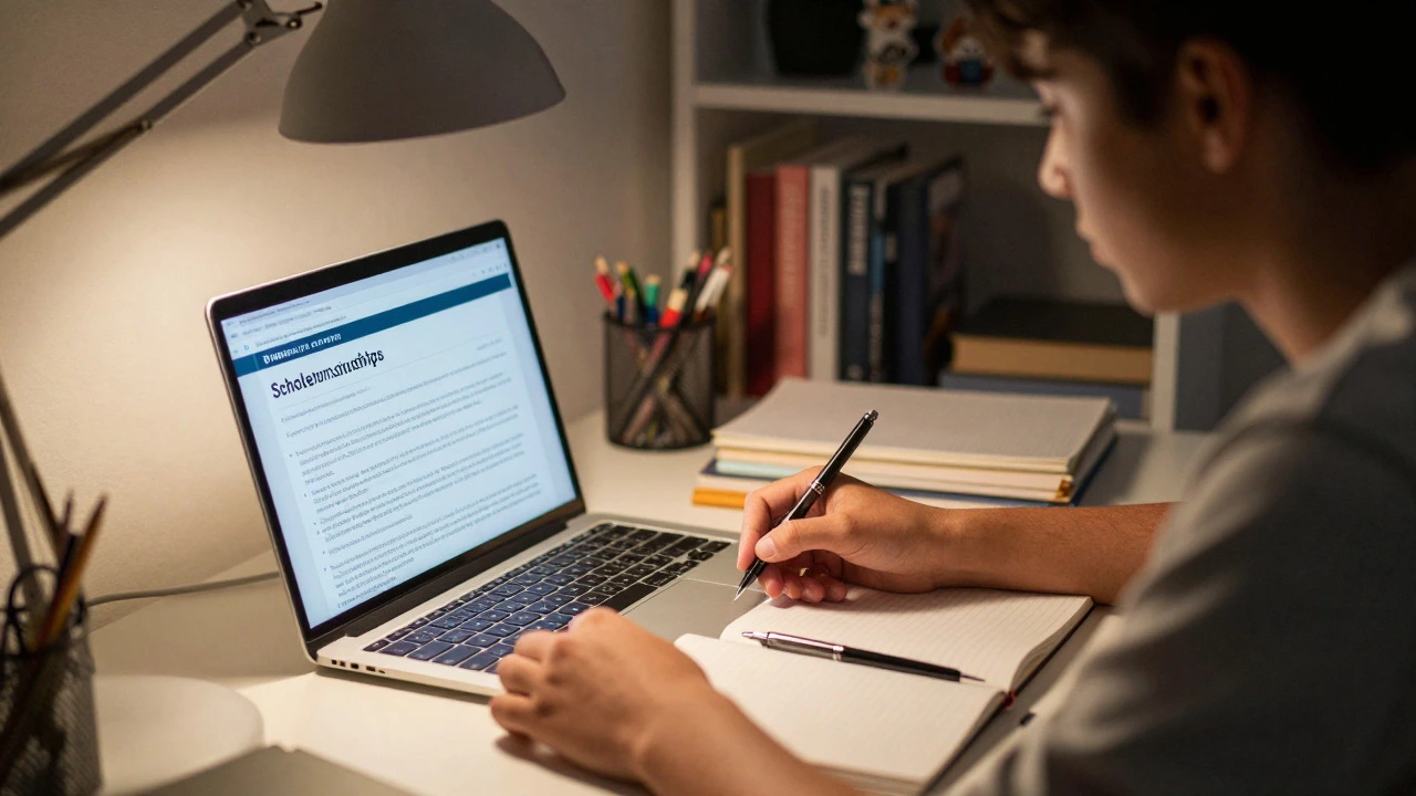 Student studying late at night with scholarship application materials