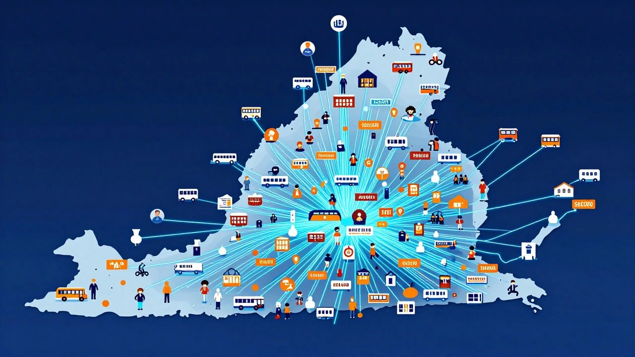 Stylized map showing school network connectivity and logistics