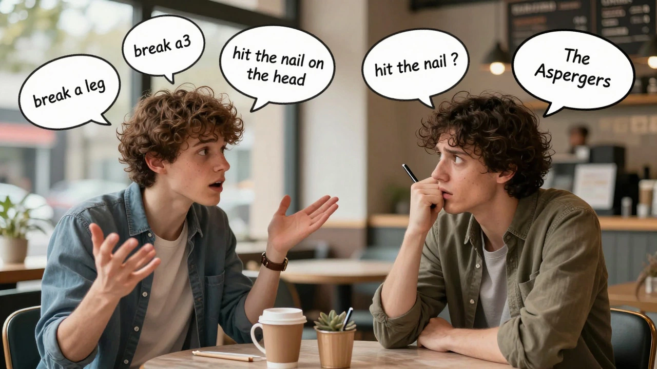 Two people at a cafe; one gestures with idioms while the other taps a pen, looking confused.