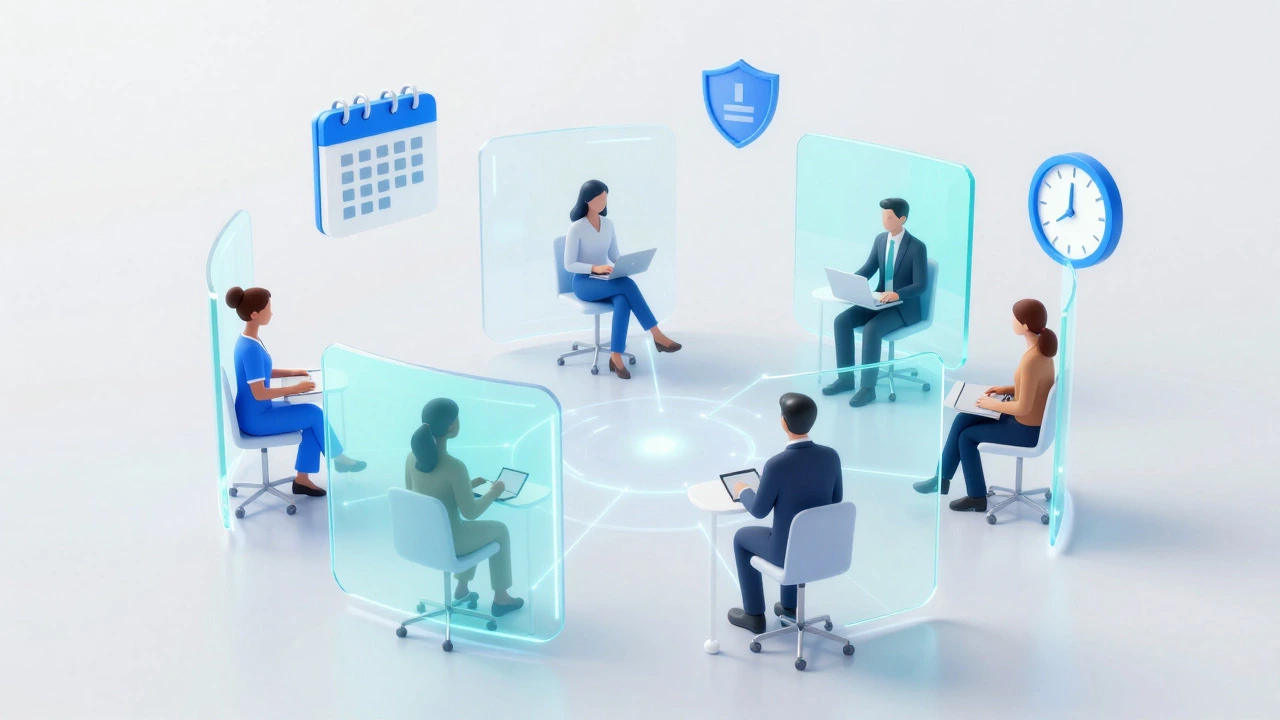 Abstract 3D visualization of online student networking with icons for flexibility and support.