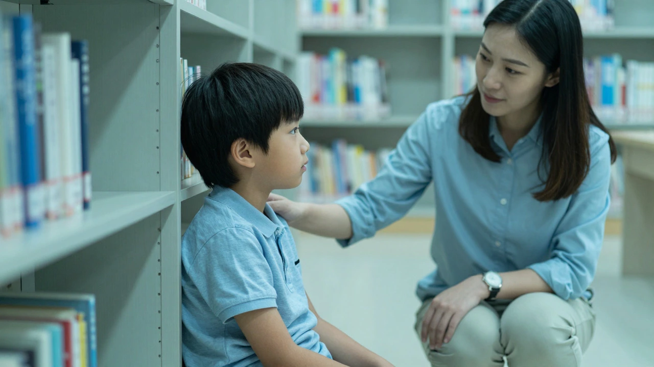 Child finding calm in a quiet space with supportive adult nearby