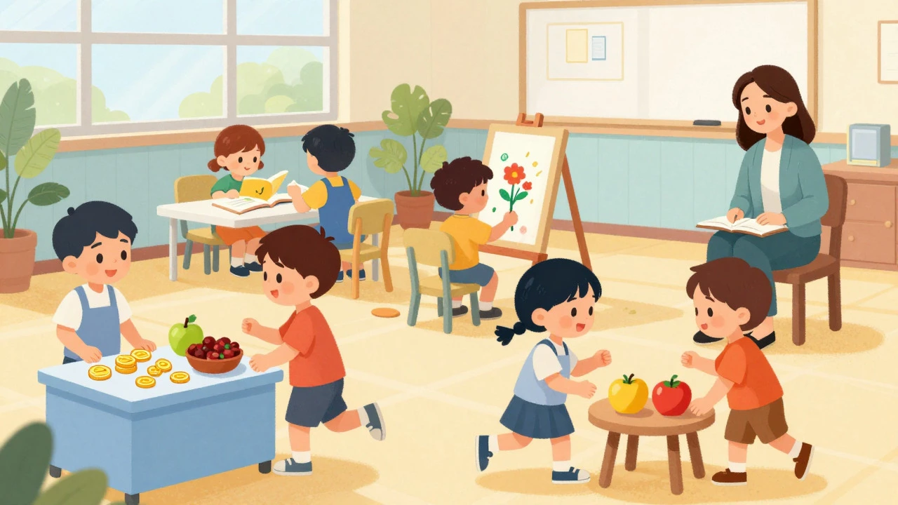 Children playing shop and painting in a bright, inclusive preschool classroom