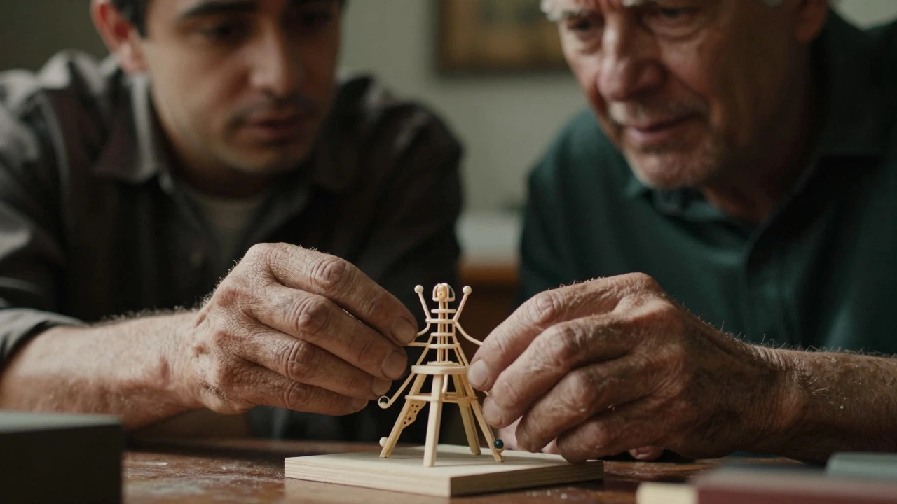 Close up of experienced hands working on a model while a colleague watches