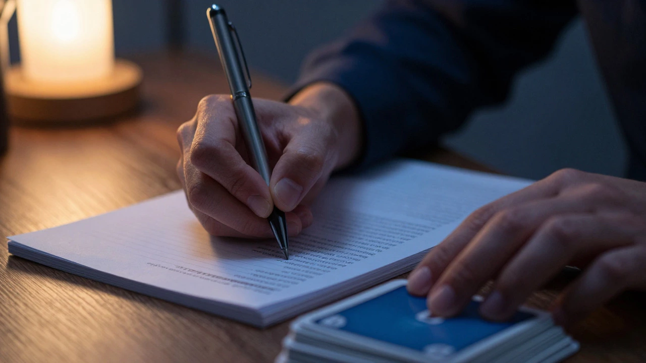 Close up of hands writing on paper and holding flashcards