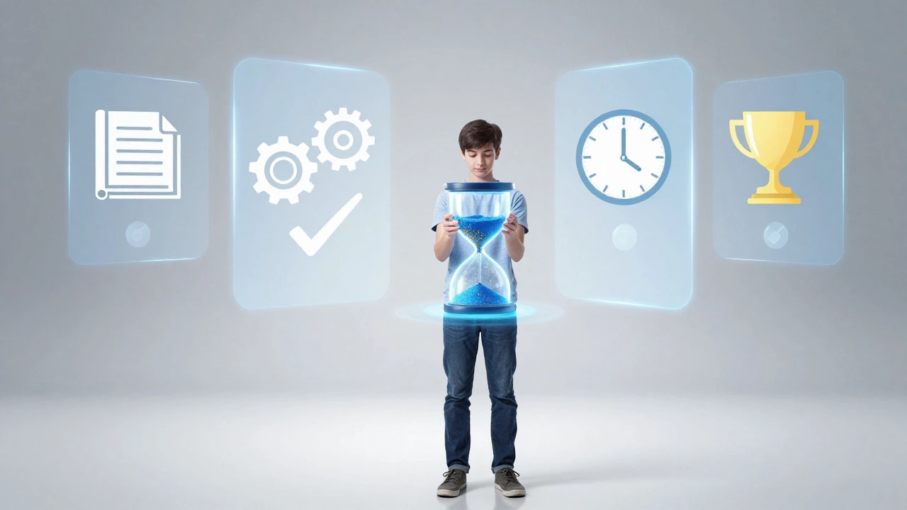 Conceptual art of a student with an hourglass representing study phases