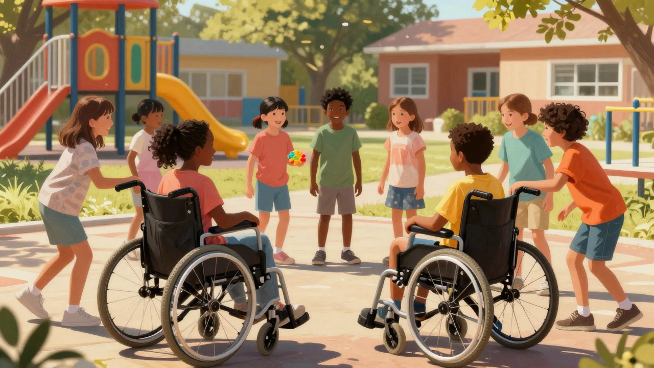 Diverse children playing inclusively on a sunny school playground