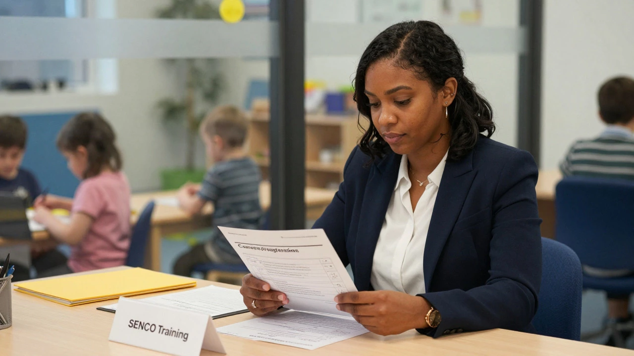 Early years professional reviewing training documents and portfolios