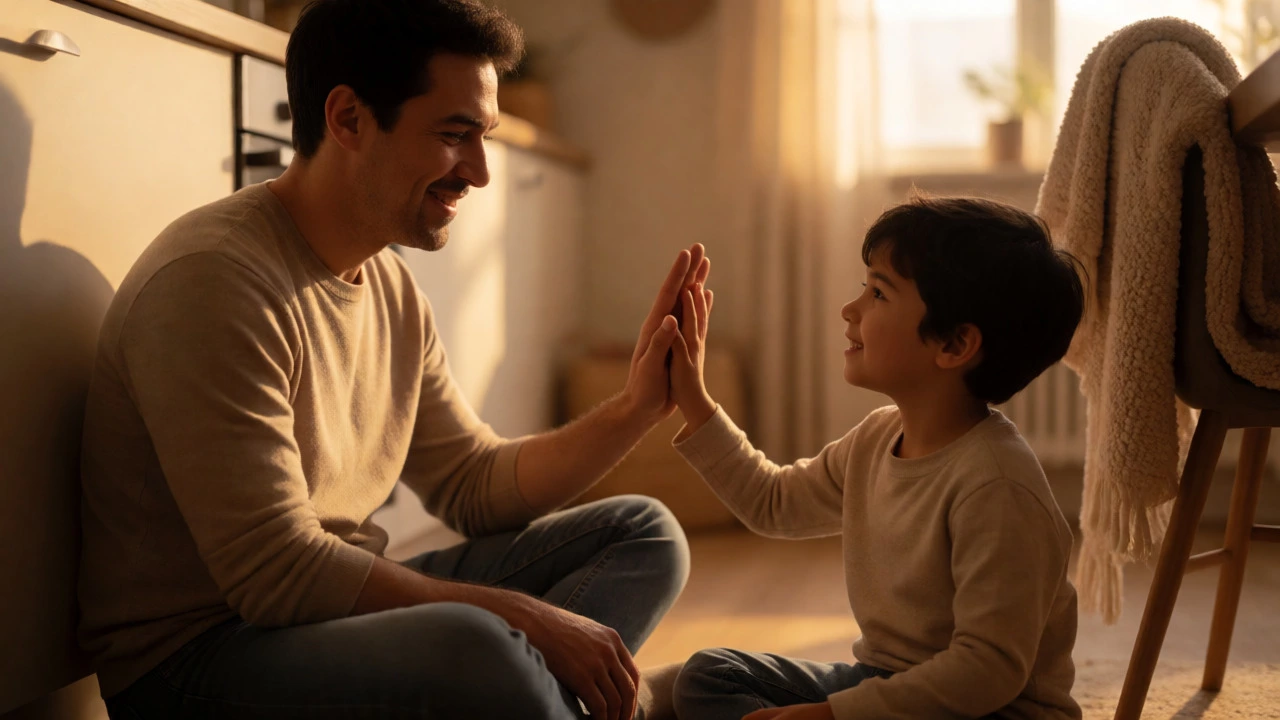 Father and son share a calm moment of connection and positive reinforcement in a cozy home.