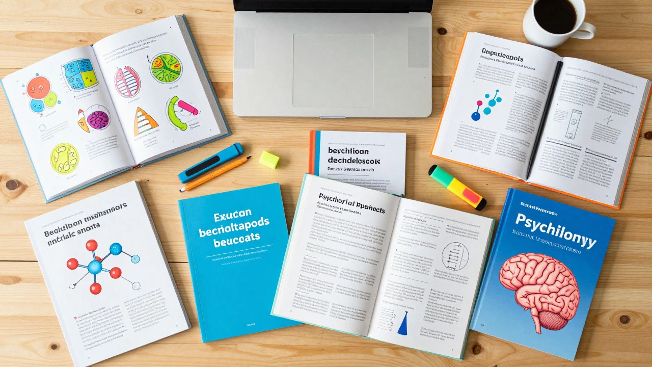 Flat lay of biology, chemistry, and psychology textbooks on a study desk