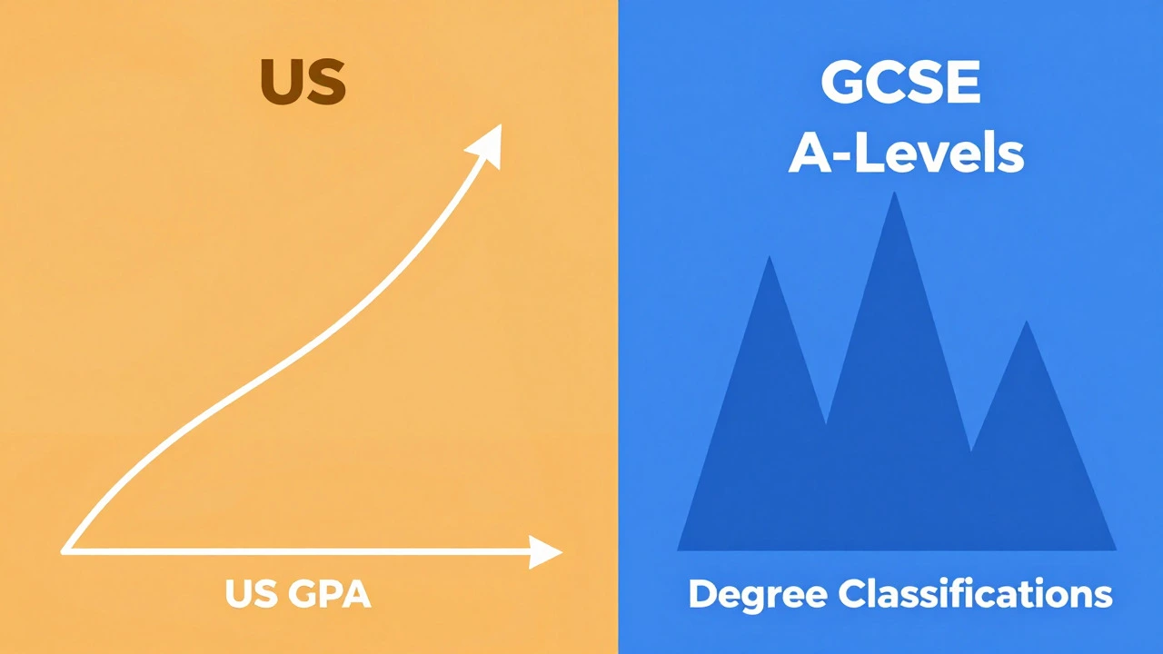 Graphic comparing US cumulative GPA spiral with UK exam-based grade peaks