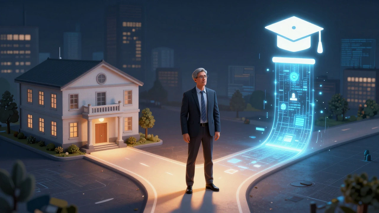 Illustration of a professional choosing a digital education path over a traditional office route.