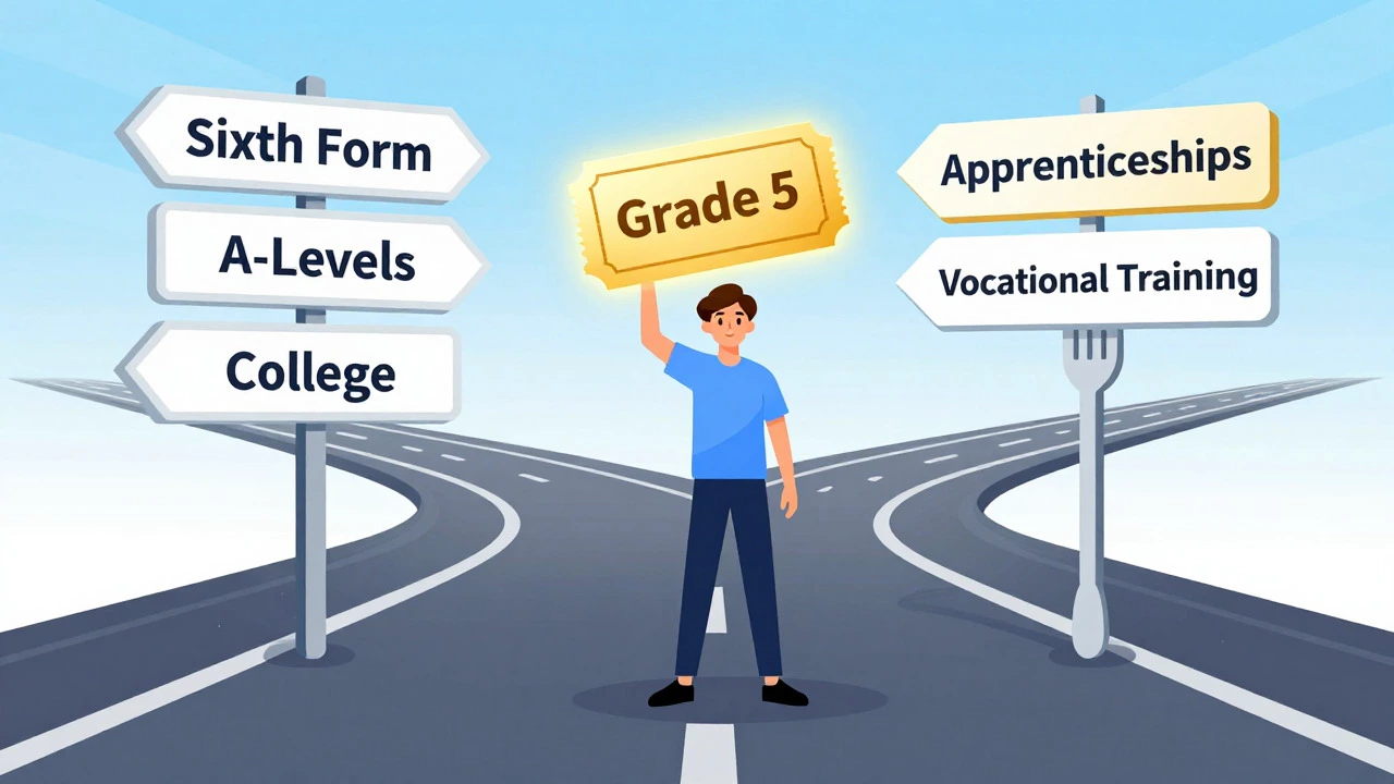 Illustration of a student choosing between college and apprenticeship paths
