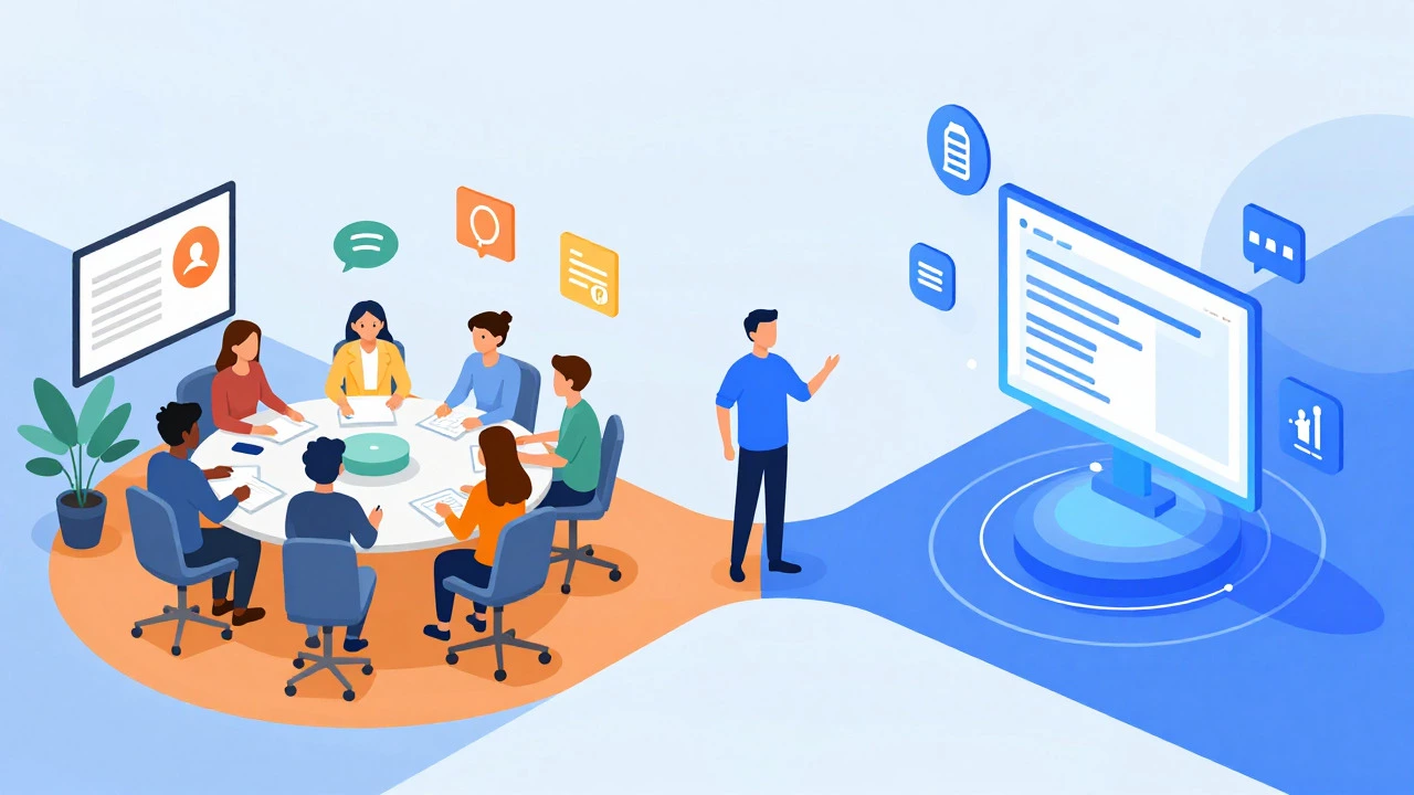 Illustration of hybrid learning combining classroom interaction with digital tools
