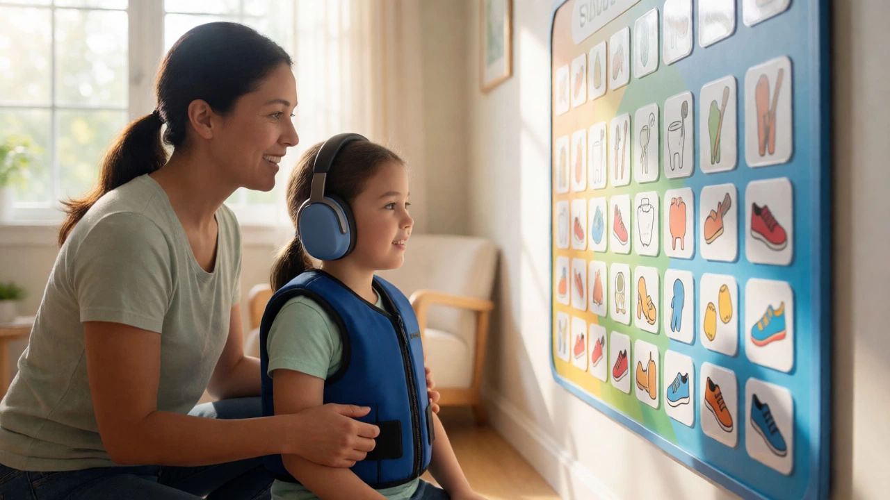Parent and child review a visual schedule together, utilizing sensory tools like headphones.