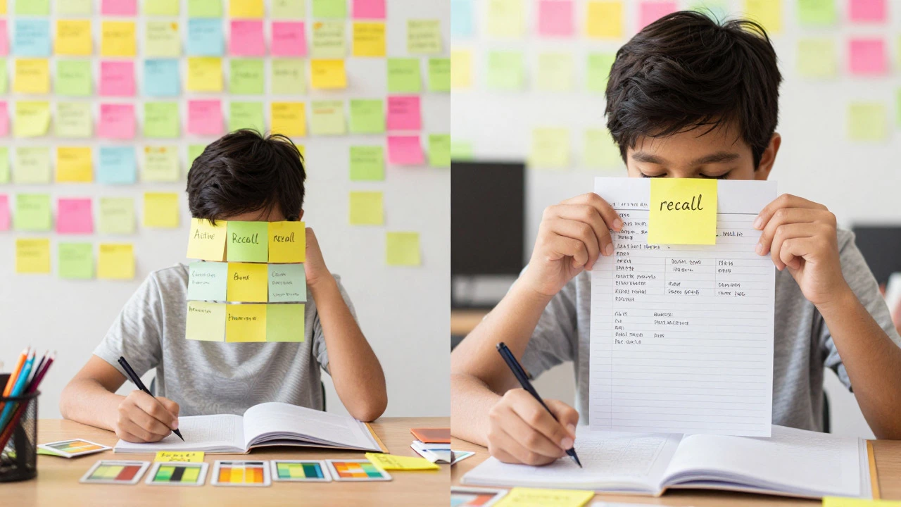 Student actively recalling information by covering notes and writing from memory, demonstrating effective study techniques.