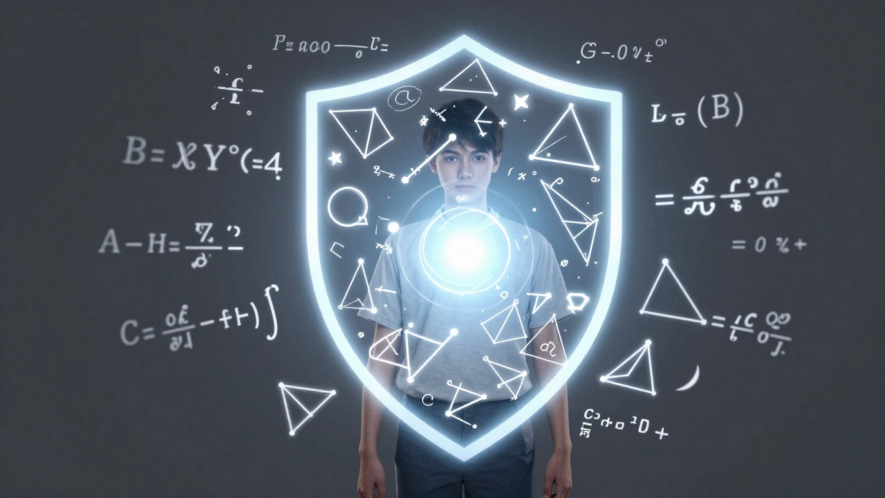 Student surrounded by glowing mathematical symbols representing the power of Maths