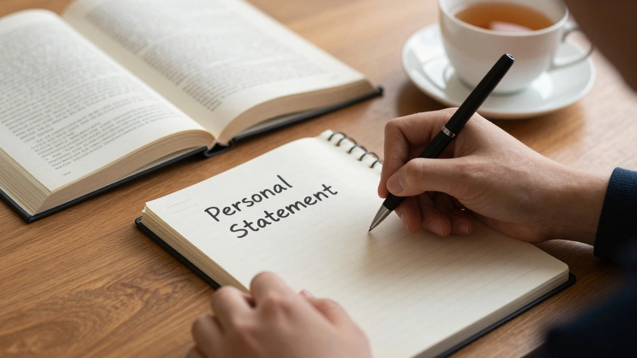 Student writing personal statement with books and tea on a wooden desk