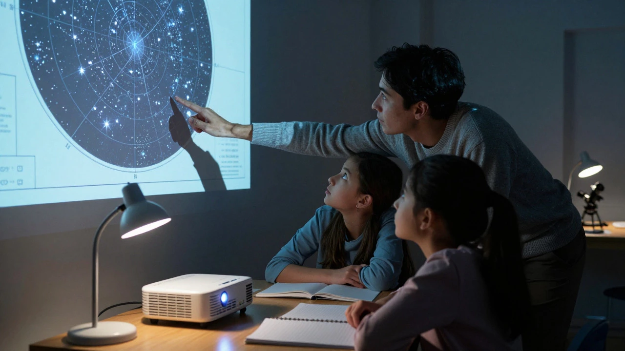 Three students and a teacher examine a star map in a dimly lit astronomy classroom