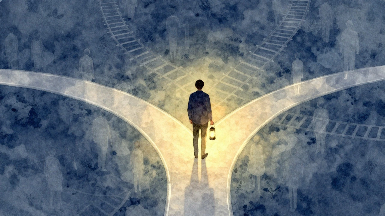 Watercolor illustration of a person choosing a path at a crossroads