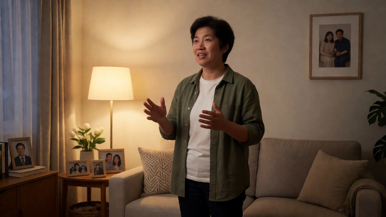 Adult practicing public speaking confidently in a cozy home setting