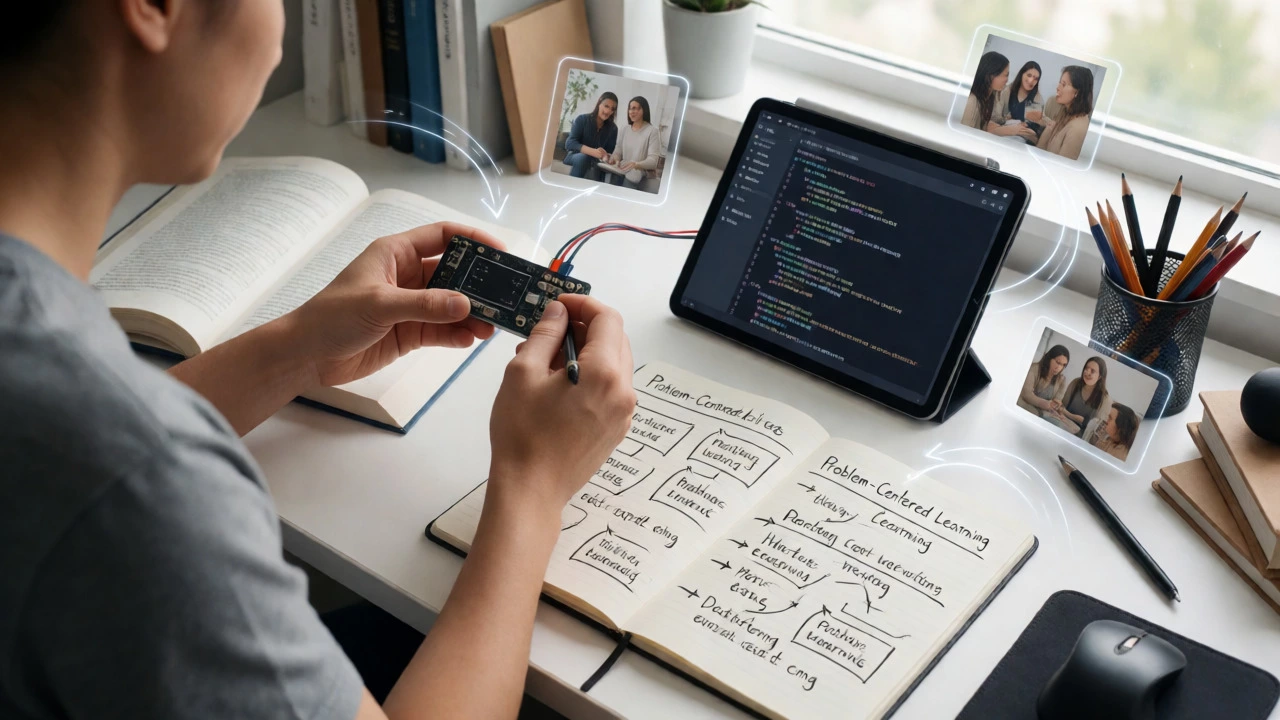 Adult solving a practical problem using connected knowledge and tools