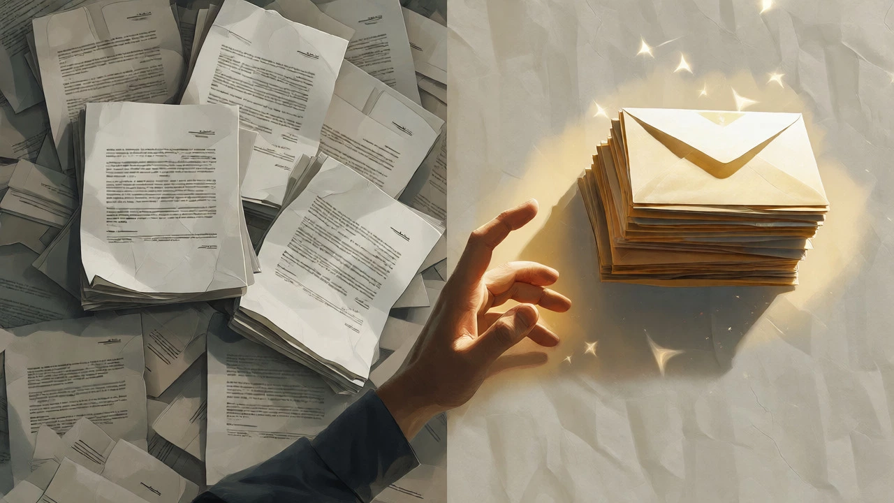 Artistic split view contrasting rejected essays with a stack of small scholarship awards.