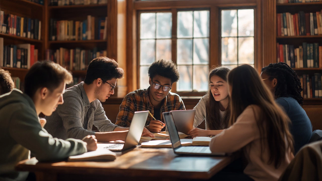 Diverse students collaborate warmly in a sunlit library surrounded by books