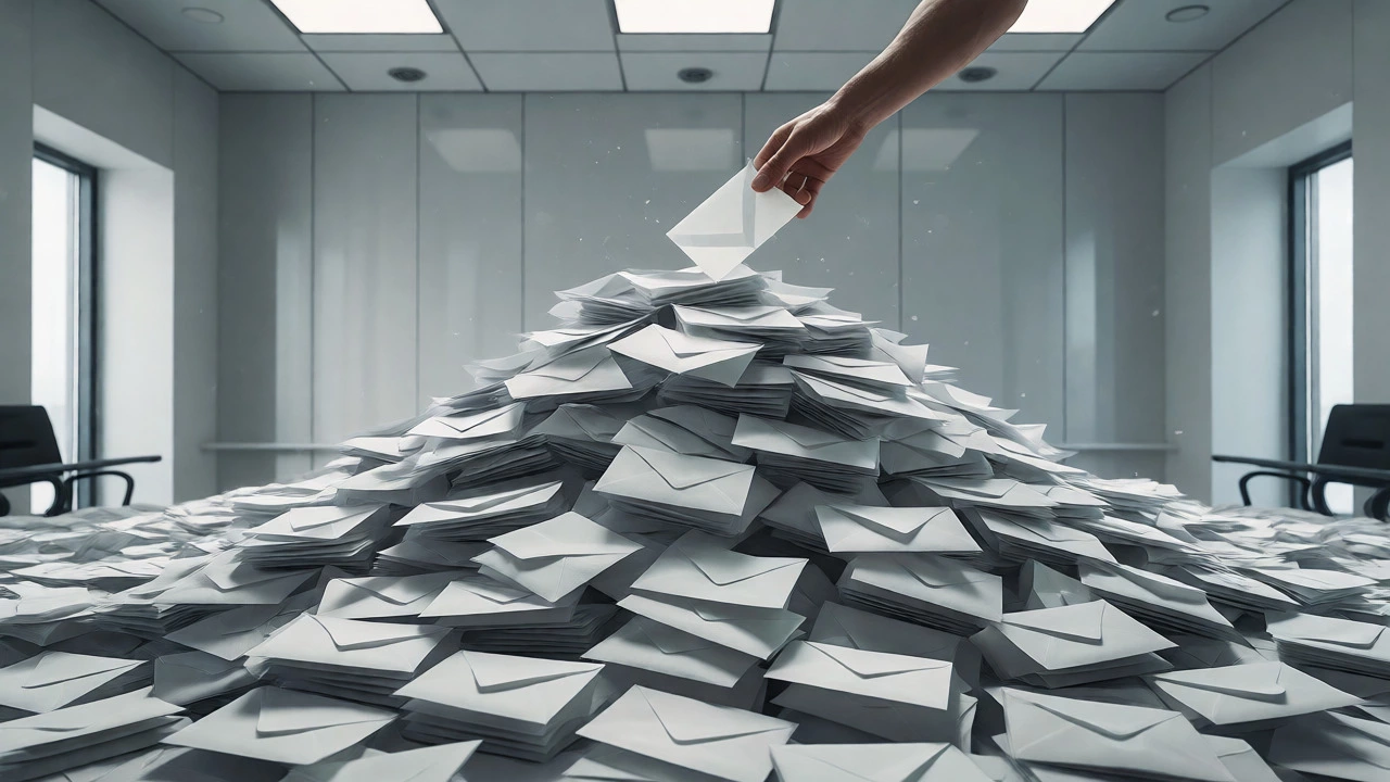 Hand selects one envelope from a massive pile of university application letters