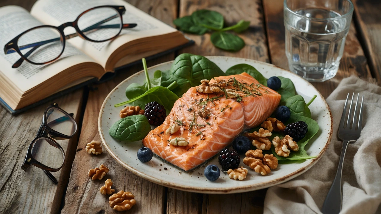 Healthy Mediterranean meal with salmon, berries, and nuts on a table.